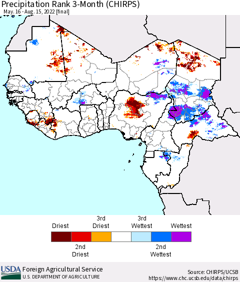 Western Africa Precipitation Rank since 1981, 3-Month (CHIRPS) Thematic Map For 5/16/2022 - 8/15/2022