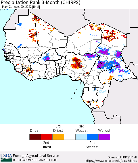 Western Africa Precipitation Rank since 1981, 3-Month (CHIRPS) Thematic Map For 5/21/2022 - 8/20/2022