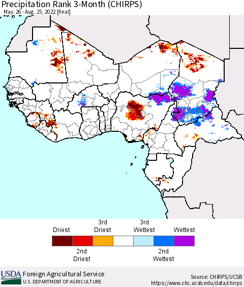 Western Africa Precipitation Rank since 1981, 3-Month (CHIRPS) Thematic Map For 5/26/2022 - 8/25/2022