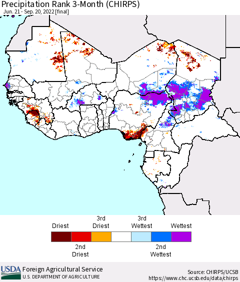 Western Africa Precipitation Rank since 1981, 3-Month (CHIRPS) Thematic Map For 6/21/2022 - 9/20/2022