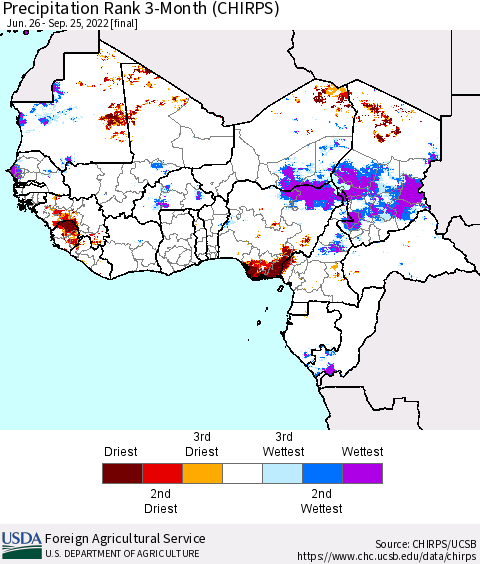Western Africa Precipitation Rank since 1981, 3-Month (CHIRPS) Thematic Map For 6/26/2022 - 9/25/2022