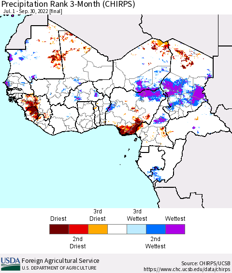 Western Africa Precipitation Rank since 1981, 3-Month (CHIRPS) Thematic Map For 7/1/2022 - 9/30/2022
