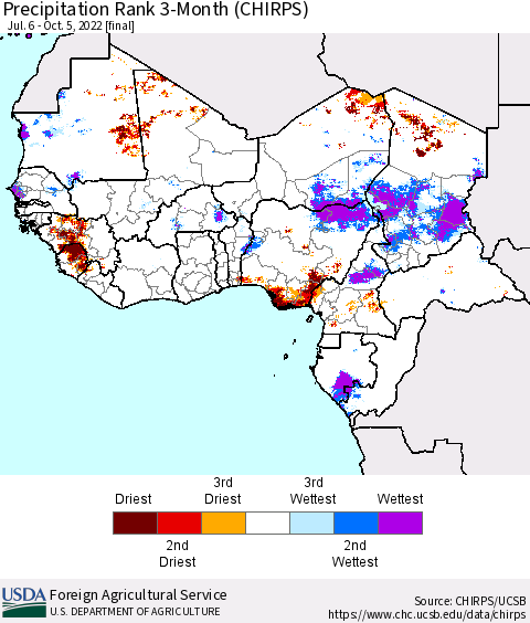 Western Africa Precipitation Rank since 1981, 3-Month (CHIRPS) Thematic Map For 7/6/2022 - 10/5/2022