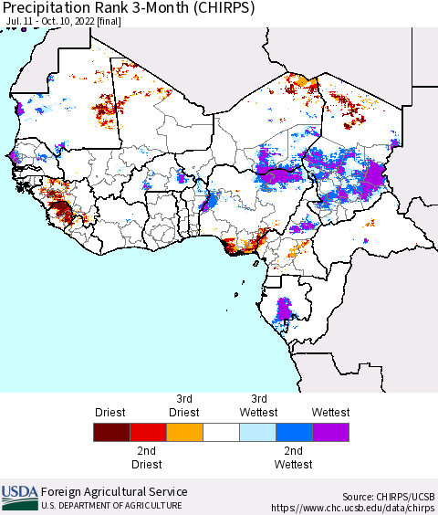 Western Africa Precipitation Rank since 1981, 3-Month (CHIRPS) Thematic Map For 7/11/2022 - 10/10/2022