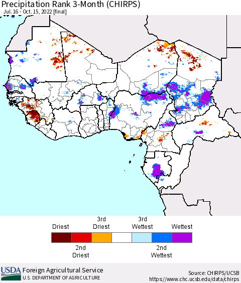 Western Africa Precipitation Rank since 1981, 3-Month (CHIRPS) Thematic Map For 7/16/2022 - 10/15/2022