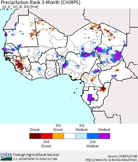Western Africa Precipitation Rank since 1981, 3-Month (CHIRPS) Thematic Map For 7/21/2022 - 10/20/2022