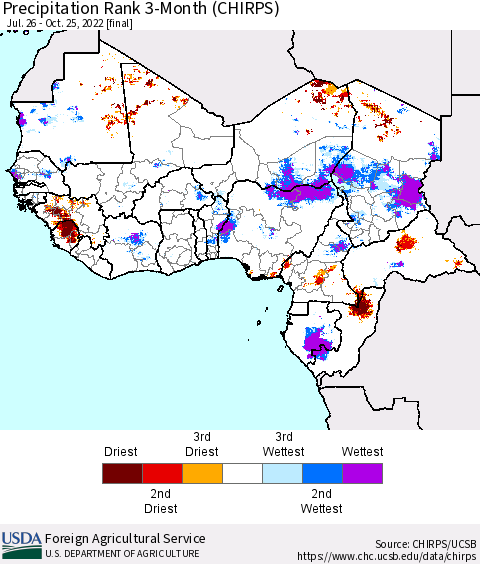 Western Africa Precipitation Rank since 1981, 3-Month (CHIRPS) Thematic Map For 7/26/2022 - 10/25/2022