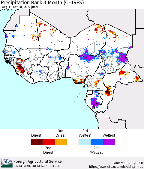 Western Africa Precipitation Rank since 1981, 3-Month (CHIRPS) Thematic Map For 8/1/2022 - 10/31/2022