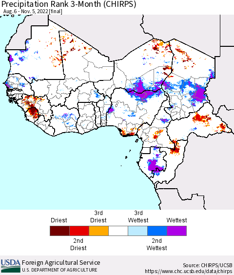 Western Africa Precipitation Rank since 1981, 3-Month (CHIRPS) Thematic Map For 8/6/2022 - 11/5/2022