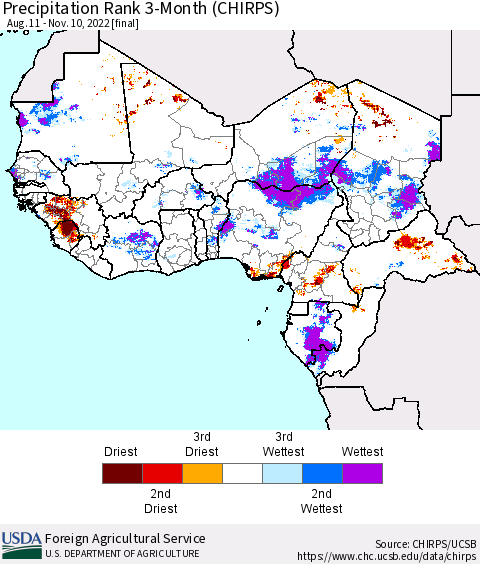 Western Africa Precipitation Rank since 1981, 3-Month (CHIRPS) Thematic Map For 8/11/2022 - 11/10/2022