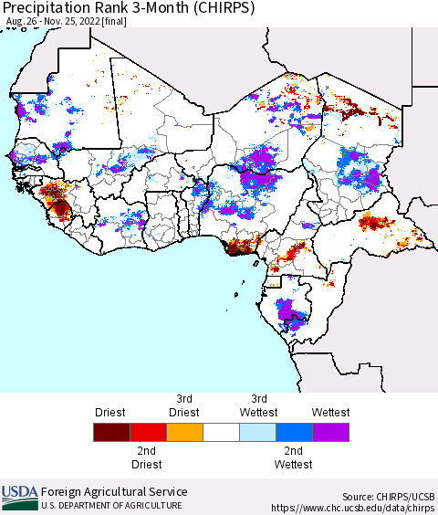 Western Africa Precipitation Rank since 1981, 3-Month (CHIRPS) Thematic Map For 8/26/2022 - 11/25/2022