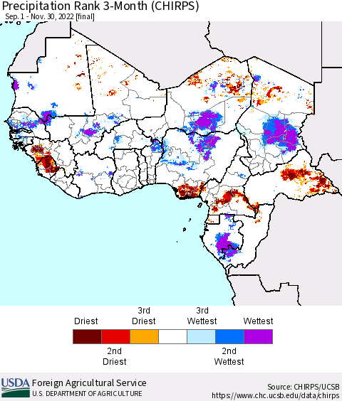 Western Africa Precipitation Rank since 1981, 3-Month (CHIRPS) Thematic Map For 9/1/2022 - 11/30/2022