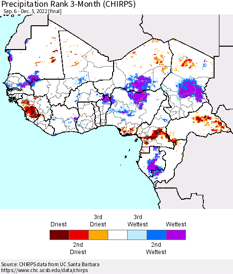 Western Africa Precipitation Rank since 1981, 3-Month (CHIRPS) Thematic Map For 9/6/2022 - 12/5/2022
