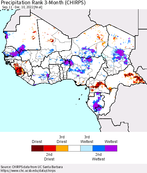 Western Africa Precipitation Rank since 1981, 3-Month (CHIRPS) Thematic Map For 9/11/2022 - 12/10/2022
