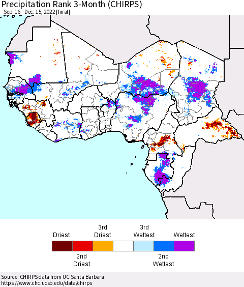 Western Africa Precipitation Rank since 1981, 3-Month (CHIRPS) Thematic Map For 9/16/2022 - 12/15/2022