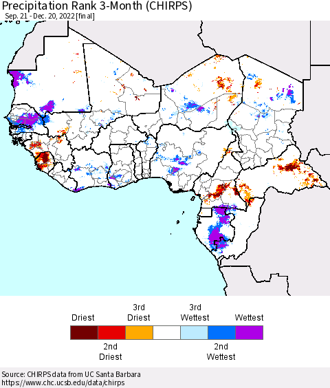 Western Africa Precipitation Rank since 1981, 3-Month (CHIRPS) Thematic Map For 9/21/2022 - 12/20/2022