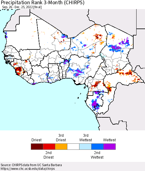 Western Africa Precipitation Rank since 1981, 3-Month (CHIRPS) Thematic Map For 9/26/2022 - 12/25/2022