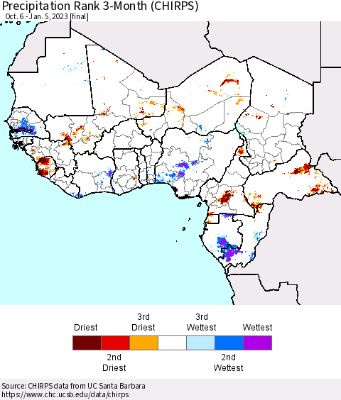 Western Africa Precipitation Rank since 1981, 3-Month (CHIRPS) Thematic Map For 10/6/2022 - 1/5/2023