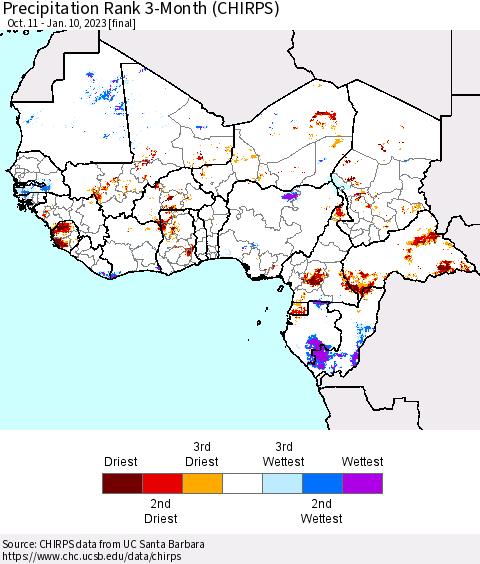 Western Africa Precipitation Rank since 1981, 3-Month (CHIRPS) Thematic Map For 10/11/2022 - 1/10/2023