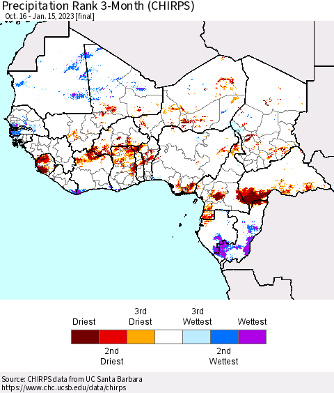 Western Africa Precipitation Rank since 1981, 3-Month (CHIRPS) Thematic Map For 10/16/2022 - 1/15/2023