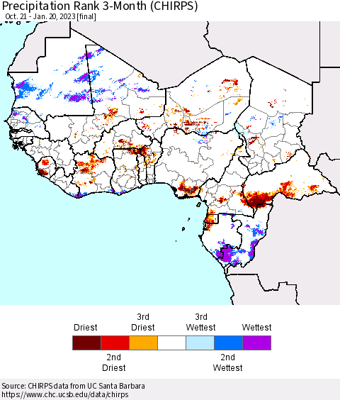 Western Africa Precipitation Rank since 1981, 3-Month (CHIRPS) Thematic Map For 10/21/2022 - 1/20/2023