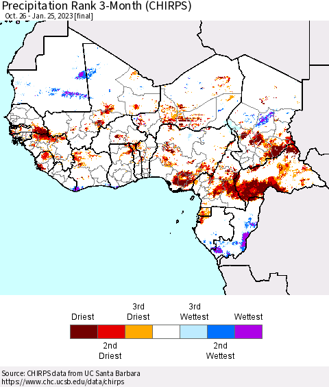 Western Africa Precipitation Rank since 1981, 3-Month (CHIRPS) Thematic Map For 10/26/2022 - 1/25/2023