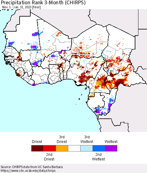 Western Africa Precipitation Rank since 1981, 3-Month (CHIRPS) Thematic Map For 11/1/2022 - 1/31/2023