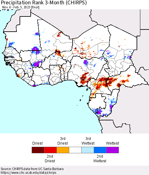 Western Africa Precipitation Rank since 1981, 3-Month (CHIRPS) Thematic Map For 11/6/2022 - 2/5/2023