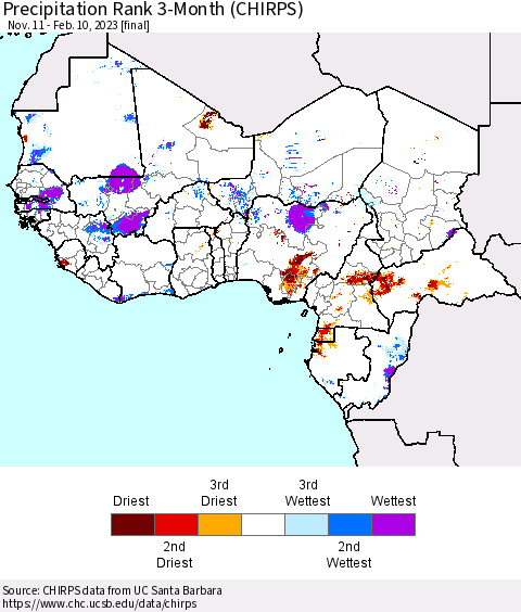 Western Africa Precipitation Rank since 1981, 3-Month (CHIRPS) Thematic Map For 11/11/2022 - 2/10/2023