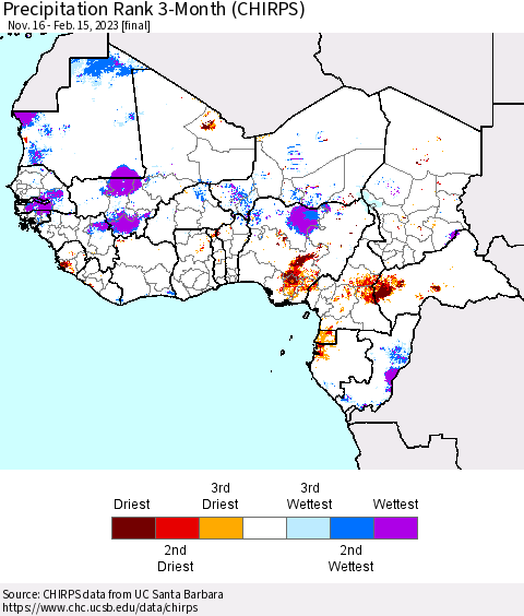 Western Africa Precipitation Rank since 1981, 3-Month (CHIRPS) Thematic Map For 11/16/2022 - 2/15/2023
