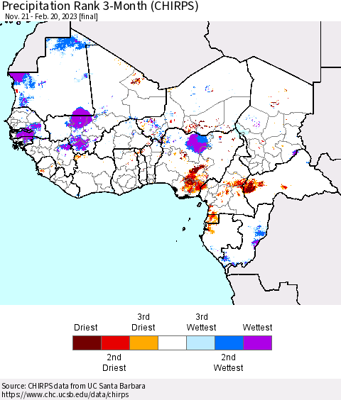 Western Africa Precipitation Rank since 1981, 3-Month (CHIRPS) Thematic Map For 11/21/2022 - 2/20/2023