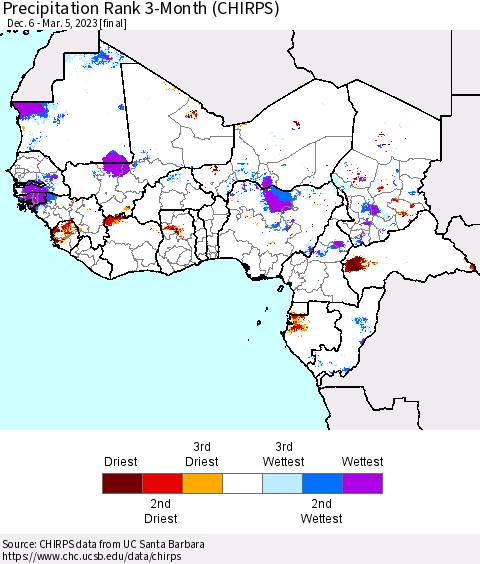 Western Africa Precipitation Rank since 1981, 3-Month (CHIRPS) Thematic Map For 12/6/2022 - 3/5/2023