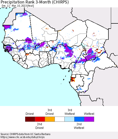 Western Africa Precipitation Rank since 1981, 3-Month (CHIRPS) Thematic Map For 12/11/2022 - 3/10/2023