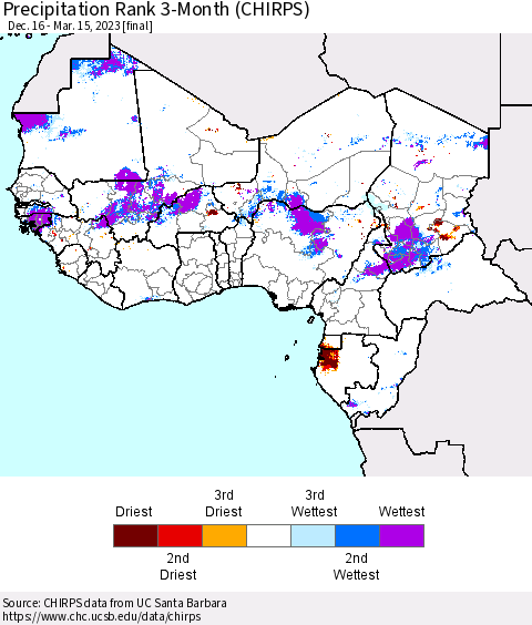 Western Africa Precipitation Rank since 1981, 3-Month (CHIRPS) Thematic Map For 12/16/2022 - 3/15/2023