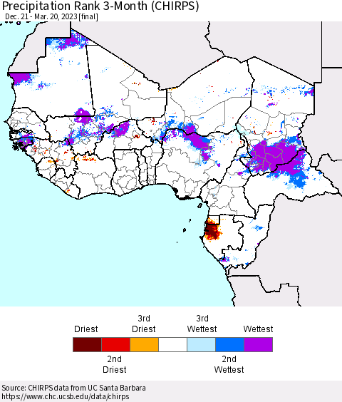 Western Africa Precipitation Rank since 1981, 3-Month (CHIRPS) Thematic Map For 12/21/2022 - 3/20/2023