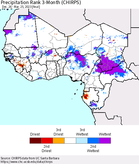 Western Africa Precipitation Rank since 1981, 3-Month (CHIRPS) Thematic Map For 12/26/2022 - 3/25/2023