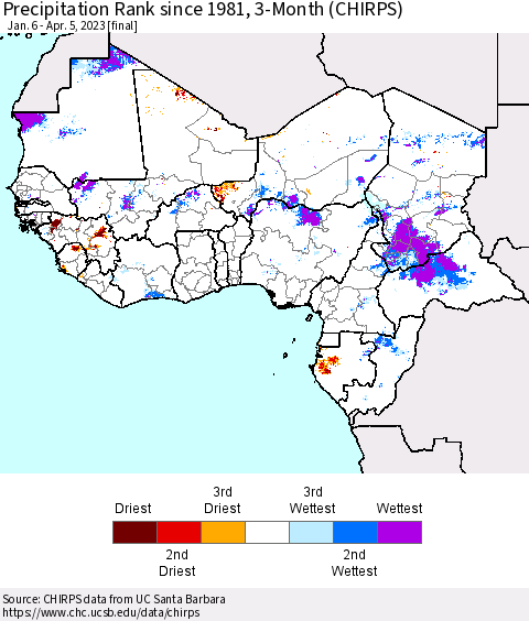 Western Africa Precipitation Rank since 1981, 3-Month (CHIRPS) Thematic Map For 1/6/2023 - 4/5/2023