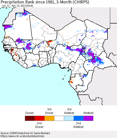 Western Africa Precipitation Rank since 1981, 3-Month (CHIRPS) Thematic Map For 1/11/2023 - 4/10/2023