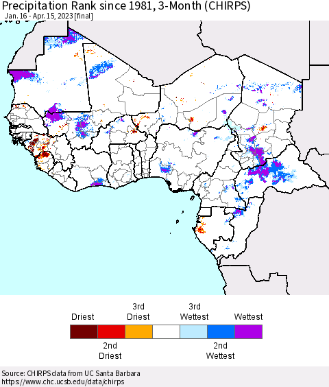 Western Africa Precipitation Rank since 1981, 3-Month (CHIRPS) Thematic Map For 1/16/2023 - 4/15/2023
