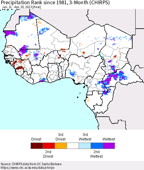 Western Africa Precipitation Rank since 1981, 3-Month (CHIRPS) Thematic Map For 1/21/2023 - 4/20/2023