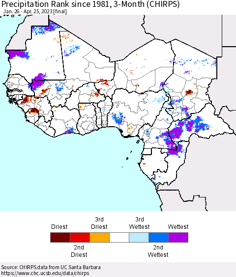 Western Africa Precipitation Rank since 1981, 3-Month (CHIRPS) Thematic Map For 1/26/2023 - 4/25/2023