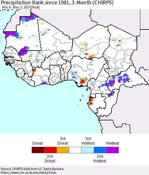 Western Africa Precipitation Rank since 1981, 3-Month (CHIRPS) Thematic Map For 2/6/2023 - 5/5/2023