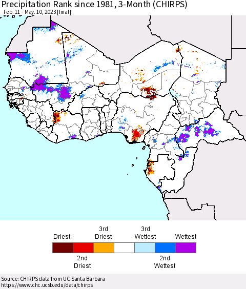 Western Africa Precipitation Rank since 1981, 3-Month (CHIRPS) Thematic Map For 2/11/2023 - 5/10/2023