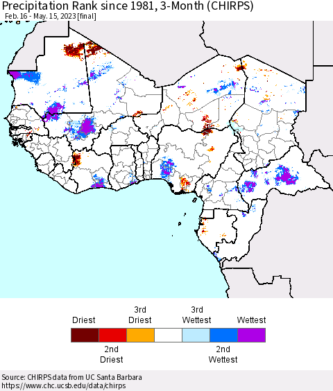 Western Africa Precipitation Rank since 1981, 3-Month (CHIRPS) Thematic Map For 2/16/2023 - 5/15/2023
