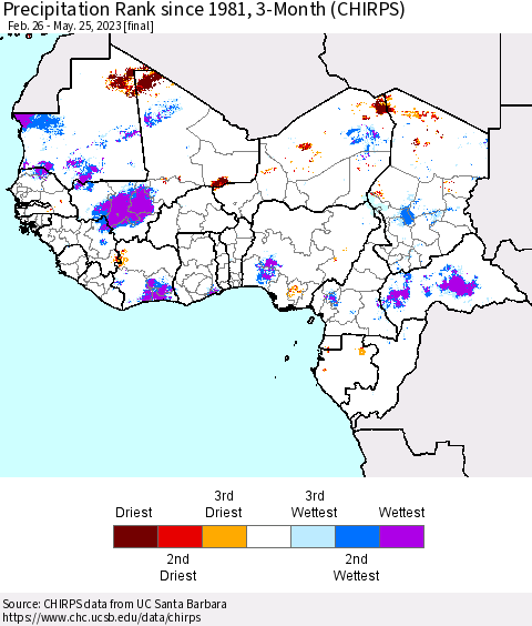 Western Africa Precipitation Rank since 1981, 3-Month (CHIRPS) Thematic Map For 2/26/2023 - 5/25/2023