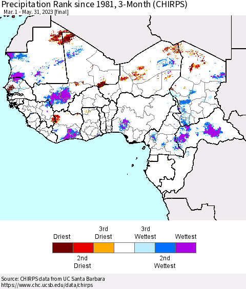Western Africa Precipitation Rank since 1981, 3-Month (CHIRPS) Thematic Map For 3/1/2023 - 5/31/2023