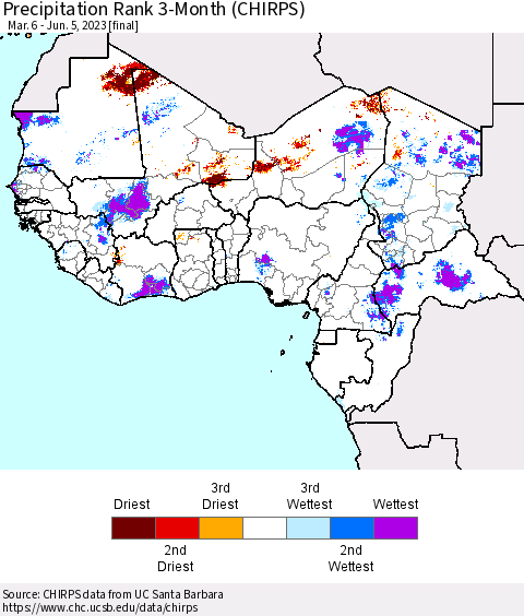 Western Africa Precipitation Rank since 1981, 3-Month (CHIRPS) Thematic Map For 3/6/2023 - 6/5/2023