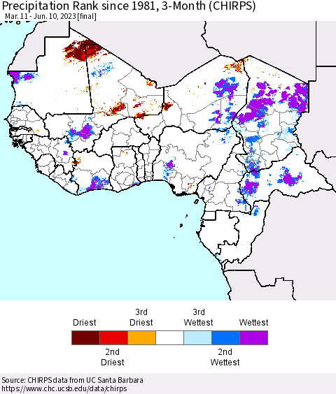 Western Africa Precipitation Rank since 1981, 3-Month (CHIRPS) Thematic Map For 3/11/2023 - 6/10/2023