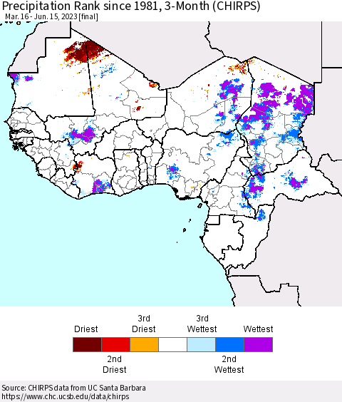 Western Africa Precipitation Rank since 1981, 3-Month (CHIRPS) Thematic Map For 3/16/2023 - 6/15/2023