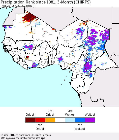Western Africa Precipitation Rank since 1981, 3-Month (CHIRPS) Thematic Map For 3/21/2023 - 6/20/2023